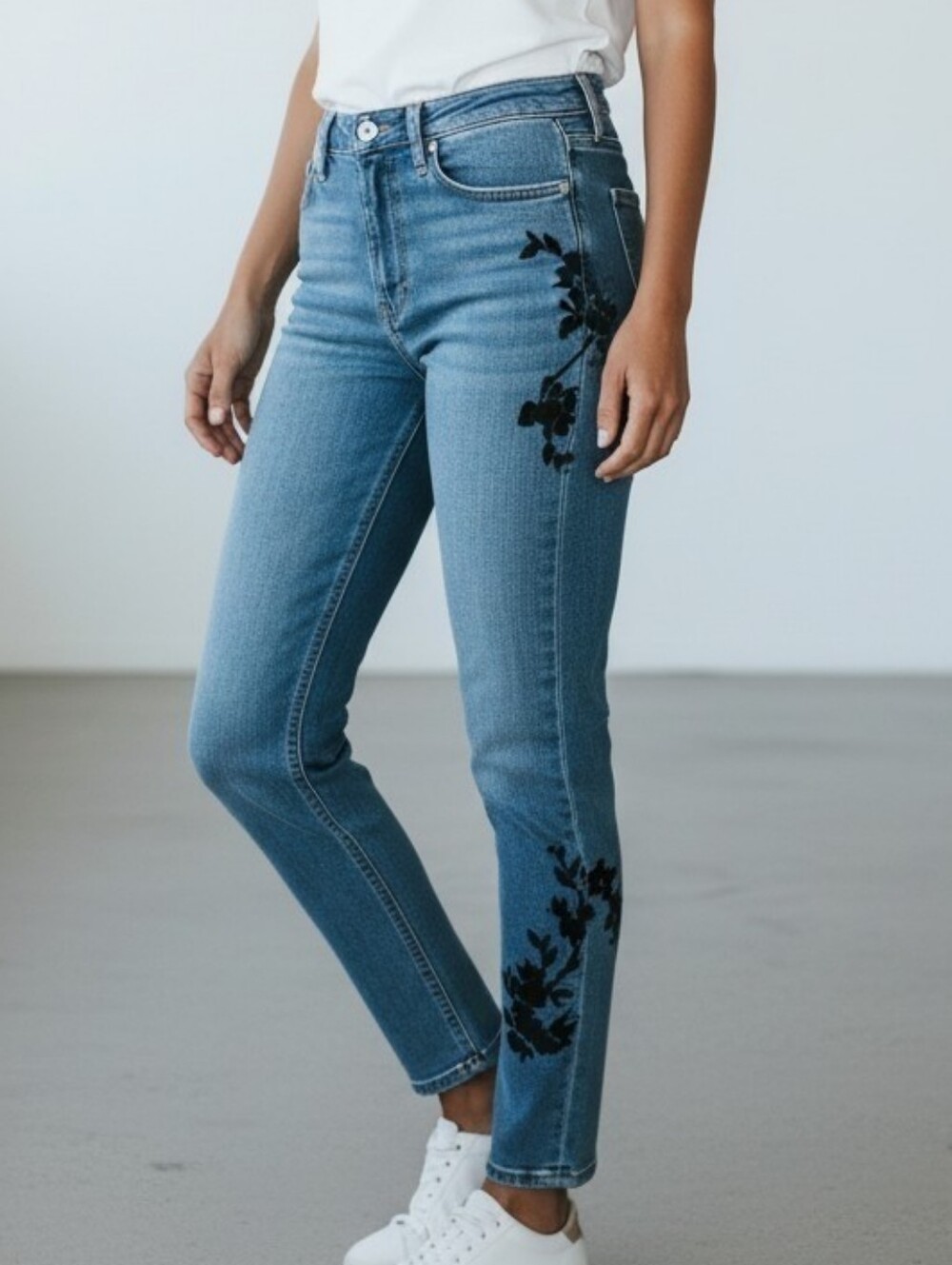 White House Black Market  Embroidered Side-Panel Raw Hem Blue Jeans 4